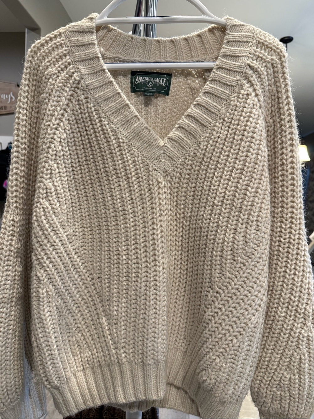 American Eagle Outfitters Beige V-Neck Chunky Knit Sweater